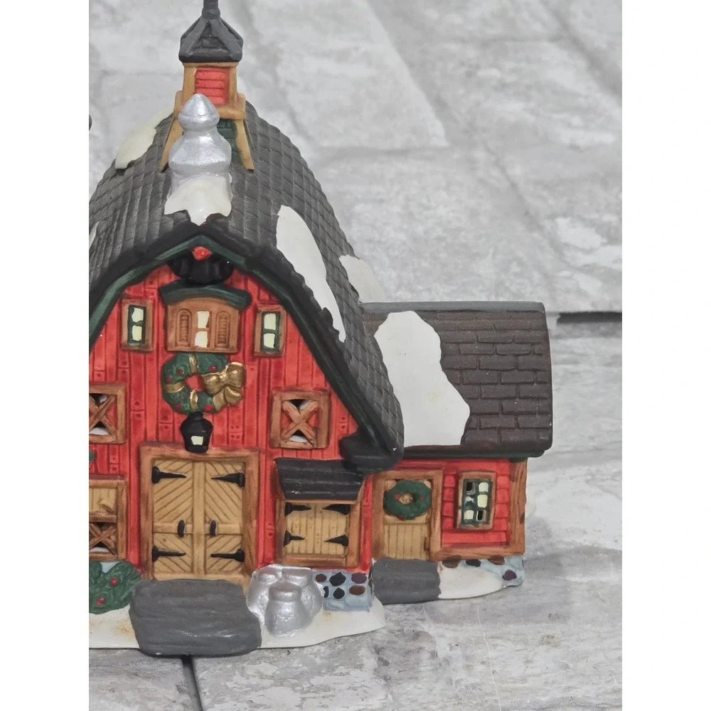 O'Well China Red Barn Silo Christmas Village House 1997 w/ white brick‎ house